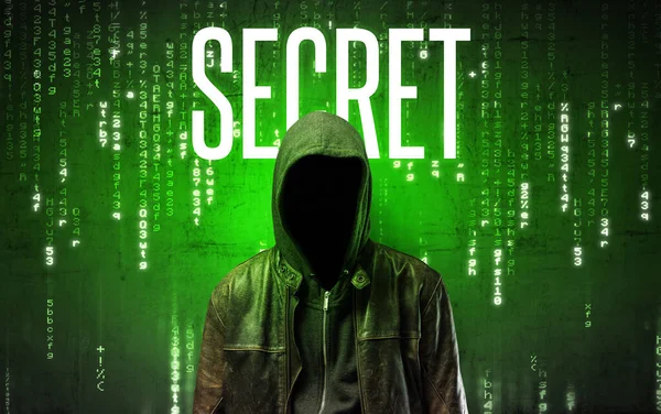 Faceless hacker with SECRET inscription, hacking concept