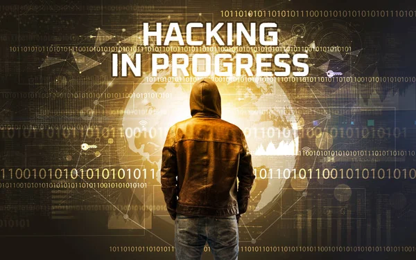 Hacker Sans Visage Travail Avec Inscription Hacking Progress Concept Sécurité — Photo