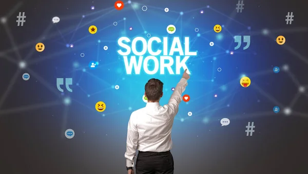 Вид Сзади Бизнесмена Надписью Social Work Концепция Социальных Сетей — стоковое фото