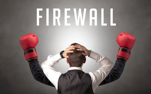 Vista Trasera Hombre Negocios Con Inscripción Firewall Concepto Ciberseguridad — Foto de Stock