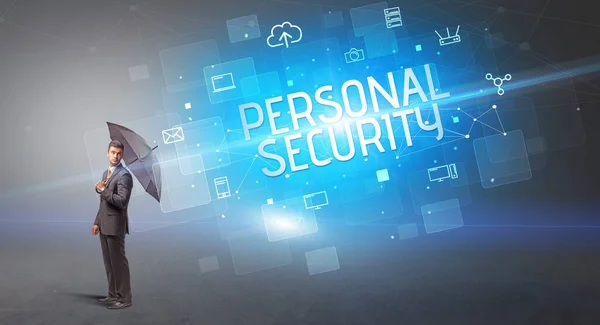 Empresario Defendiendo Con Paraguas Ciberataque Inscripción Seguridad Personal Concepto Seguridad —  Fotos de Stock