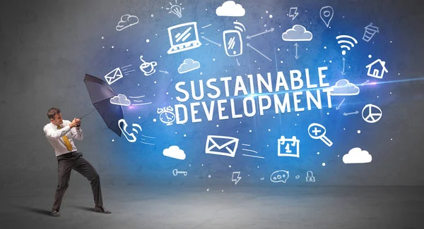 Бизнесмен Защищающийся Зонтиком Надписи Sustainable Development Концепция Современных Технологий — стоковое фото