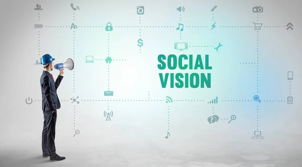Közösségi Média Platformon Dolgozó Mérnök Társadalmi Vision Felirat Koncepcióval — Stock Fotó