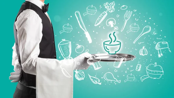 Waiter Holding Silver Tray Soup Icons Coming Out Health Food — Stock Photo, Image