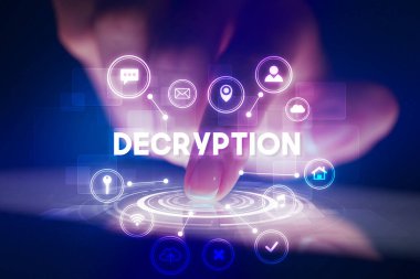 Web teknolojisi simgeleri ve Şifre çözme yazıt, web teknolojisi kavramı ile parmak dokunma tablet