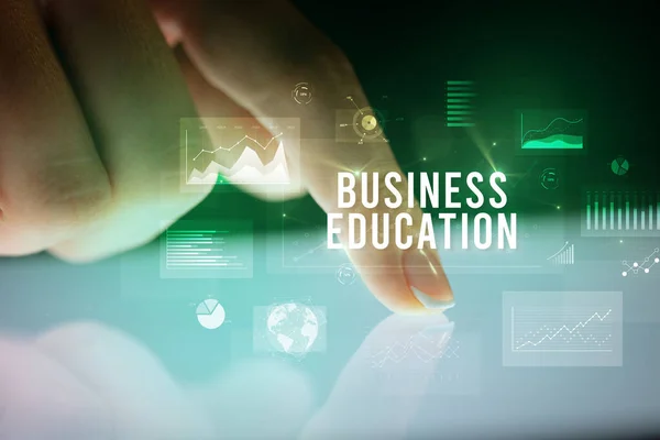 Палець Торкається Планшета Графіками Написом Business Education Бізнес Концепція — стокове фото