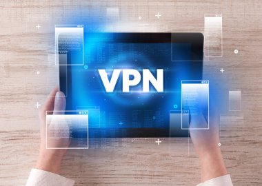 VPN kısaltmalı, modern teknoloji kavramına sahip bir tabletin yakın çekimi