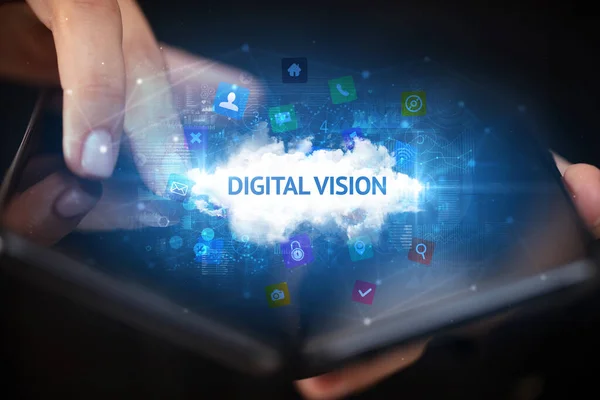 Επιχειρηματίας Κρατώντας Ένα Αναδιπλούμενο Smartphone Ψηφιακή Επιγραφή Vision Έννοια Της — Φωτογραφία Αρχείου