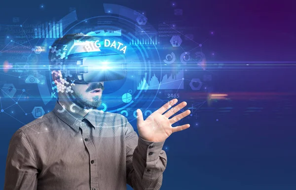 Businessman Looking Virtual Reality Glasses Big Data Inscription Innovative Technology — Stock Photo, Image