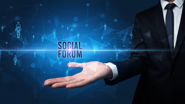Elegante Mão Segurando Inscrição Social Forum Conceito Rede Social — Fotografia de Stock