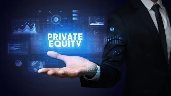 Dłoń Biznesmena Napisem Private Equity Koncepcja Sukcesu Biznesowego — Zdjęcie stockowe