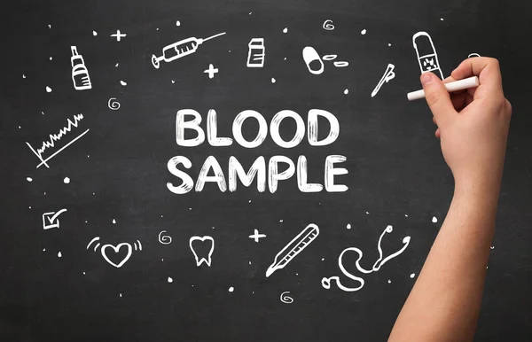 Hand Drawing Blood Sample Inscription White Chalk Blackboard Medical Concept — Stock Photo, Image