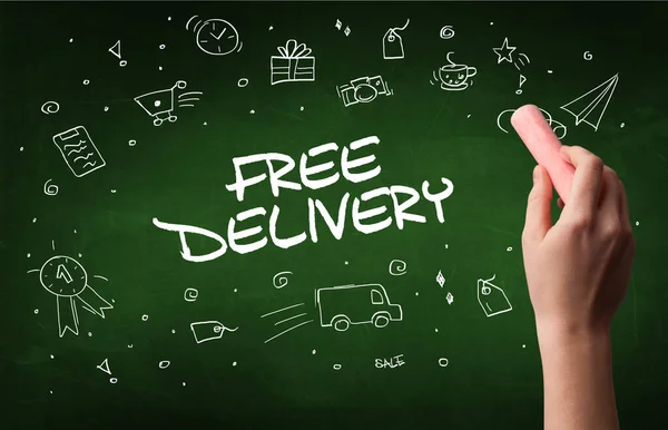 Hand Drawing Free Delivery Inscription White Chalk Blackboard Online Shopping — Stock Photo, Image