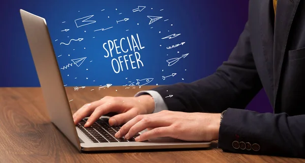 Businessman Working Laptop Special Offer Inscription Online Shopping Concept — Stock Photo, Image