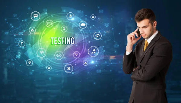 Businessman Thinking Front Technology Related Icons Testing Inscription Modern Technology — Stock Photo, Image