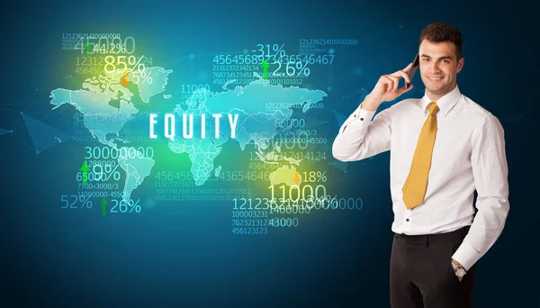 Uomo Affari Fronte Una Decisione Con Iscrizione Equity Concetto Business — Foto Stock