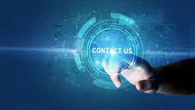 Hand touching CONTACT US button, modern business technology concept