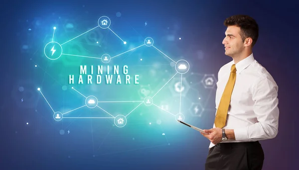 Businessman Front Cloud Service Icons Mining Hardware Inscription Modern Technology — ストック写真