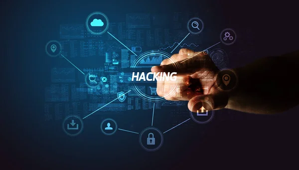 Dotykanie Ręczne Napis Hacking Koncepcja Cyberbezpieczeństwa — Zdjęcie stockowe