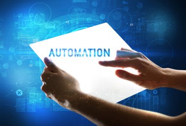 AUTOMATION yazıtlı el yapımı fütüristik tablet, yeni teknoloji kavramı