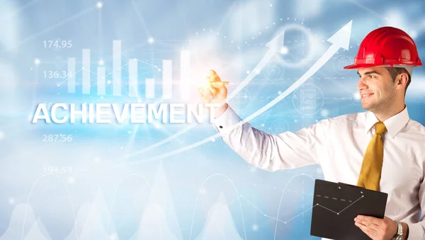 Fiatal Üzletember Sisak Rajz Achievement Felirat Modern Üzleti Technológia Koncepció — Stock Fotó