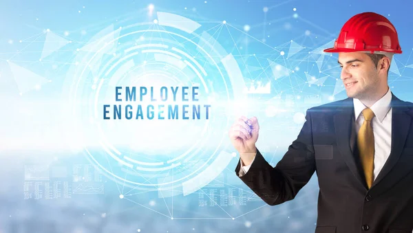 Snygg Affärsman Med Hjälm Ritning Employee Engagement Inskription Överträdelse Affärsidé — Stockfoto