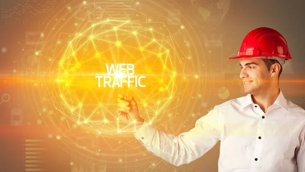 Kask Takan Yakışıklı Bir Işadamı Web Traffic Yazıtları Sosyal Yapı — Stok fotoğraf