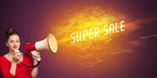 Young Girld Shouting Megaphone Super Sale Inscription Online Shopping Concept — Stock Photo, Image