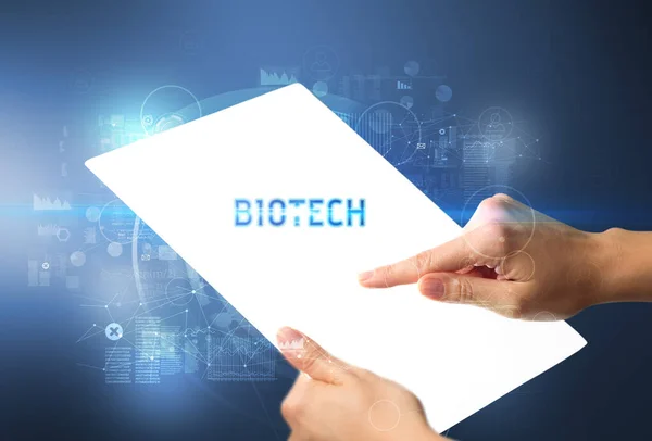 Tablette Futuriste Hand Holdig Avec Inscription Biotech Nouveau Concept Technologique — Photo