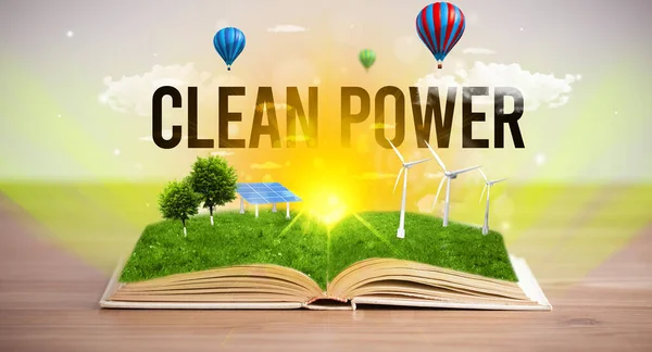 Open Boek Met Clean Power Inscriptie Concept Hernieuwbare Energie — Stockfoto