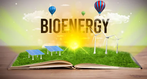 Livro Aberto Com Inscrição Bioenergia Conceito Energia Renovável — Fotografia de Stock