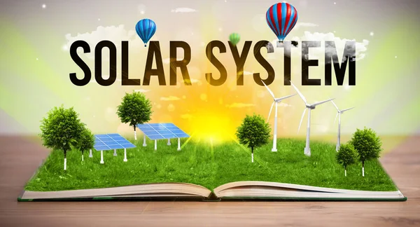 Otevřená Kniha Nápisem Solar System Koncept Obnovitelné Energie — Stock fotografie