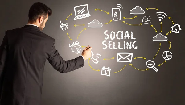 Businessman Drawing Social Media Icons Social Selling Inscription New Media — Stock Photo, Image