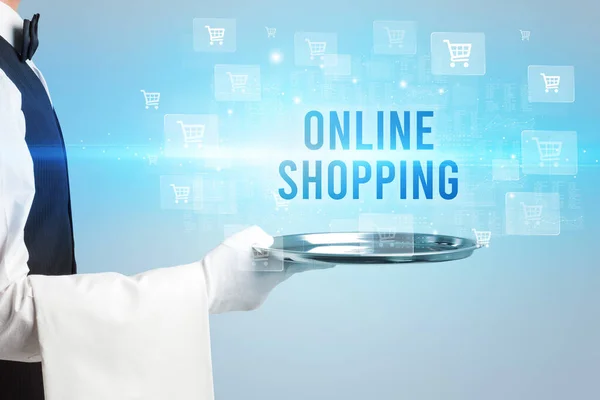 Kelner Obsługujący Napis Online Shopping Koncepcja Zakupów Online — Zdjęcie stockowe