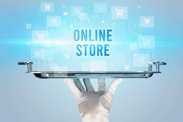 Γκαρσόν Που Σερβίρει Online Store Επιγραφή Online Ψώνια Έννοια — Φωτογραφία Αρχείου