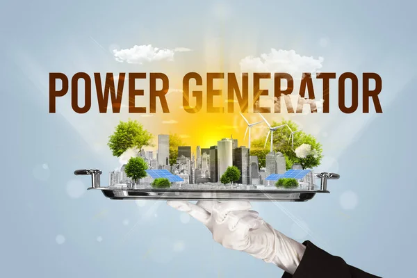 Garçom Servindo Eco Cidade Com Inscrição Power Generator Conceito Energia — Fotografia de Stock