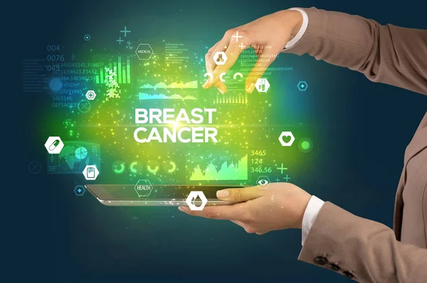 Érintőképernyő Közeli Képe Breast Cancer Felirattal Orvosi Koncepció — Stock Fotó