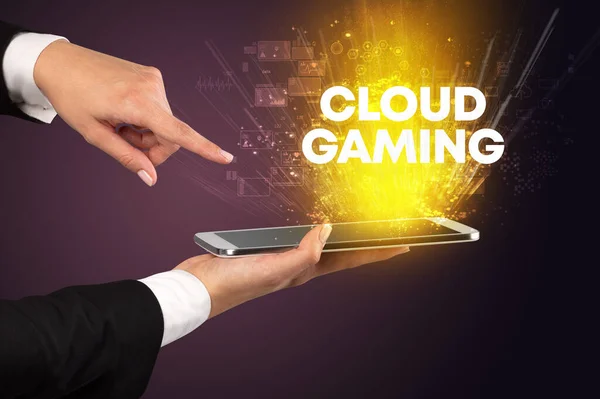 Närbild Pekskärm Med Cloud Gaming Inskription Innovativt Teknikkoncept — Stockfoto