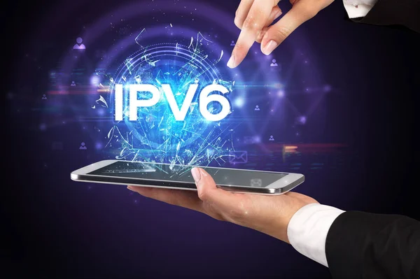 Primer Plano Una Pantalla Táctil Con Abreviatura Ipv6 Concepto Tecnología — Foto de Stock