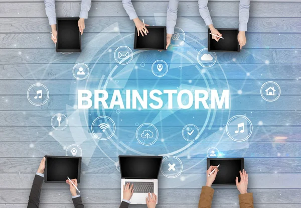Group People Having Meeting Brainstorm Insciption Social Networking Concept — Stock Photo, Image