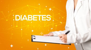 Doktor tıbbi kayıtları DIABETES yazıtları ve tıbbi konseptle dolduruyor.