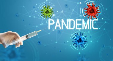 Şırınga, elinde PANDEMIC yazısıyla tıbbi enjeksiyon, koronavirüs aşısı konsepti