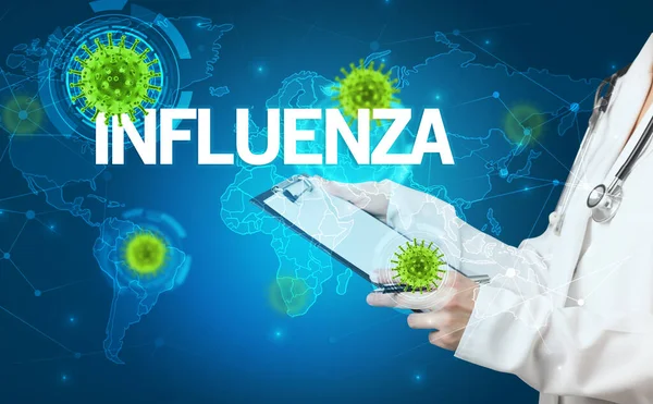 Medico Compila Cartella Clinica Con Iscrizione Influenza Concetto Virologia — Foto Stock