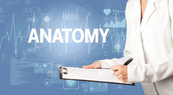 Joven Doctor Anotando Notas Con Inscripción Anatomía Concepto Salud —  Fotos de Stock