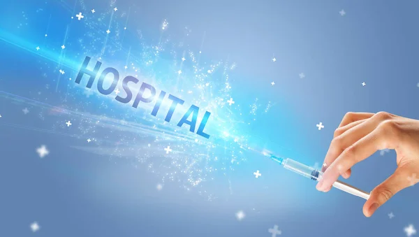 Spuit Medische Injectie Hand Met Hospitale Inscriptie Medisch Tegengif Concept — Stockfoto