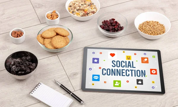Gesunde Tablet Komposition Mit Sozialer Konnection Beschriftung Social Networking Konzept — Stockfoto
