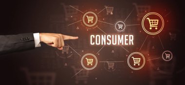 CONSUMER yazıtlarına, çevrimiçi alışveriş kavramına yakın çekim el işaretleri