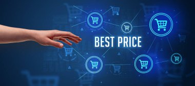 BEST PRICE yazıtlarına, çevrimiçi alışveriş konseptine yakın el işaretleri