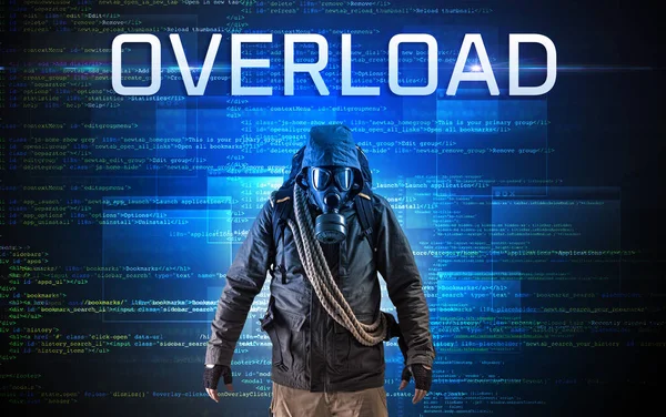 Απρόσωπη Hacker Overload Επιγραφή Ένα Φόντο Δυαδικό Κώδικα — Φωτογραφία Αρχείου