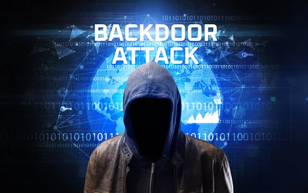 Безликий Хакер Работе Надписью Backdoor Attack Концепция Компьютерной Безопасности — стоковое фото